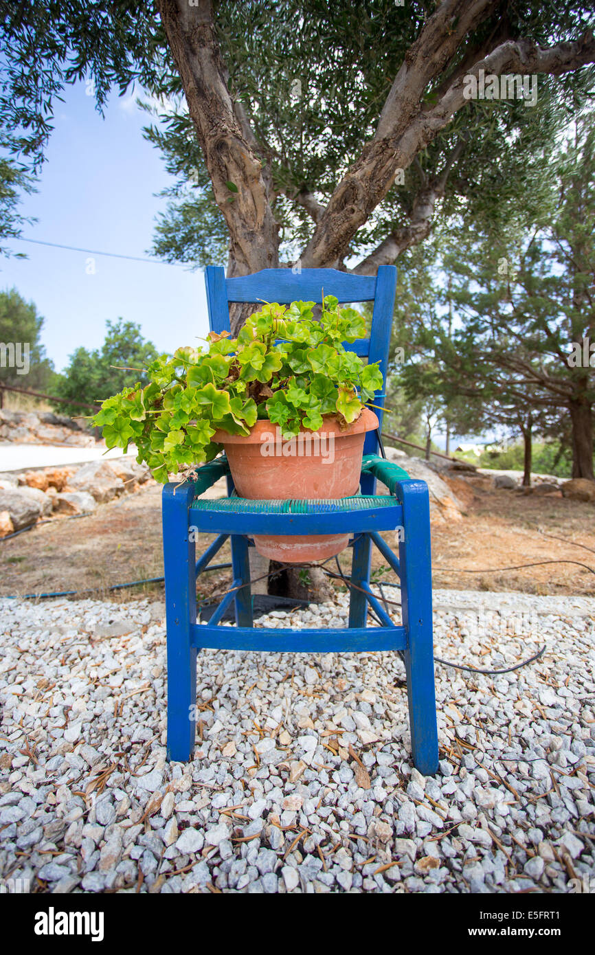 Una sedia decorativo tenendo un vasi di fiore in Agios Nikolaos. Foto Stock
