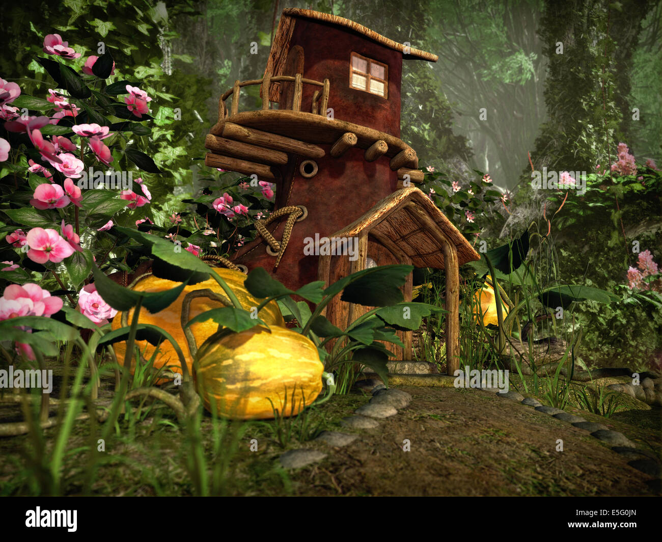 Computer grafica 3D di una casa di avvio, che sorge in un giardino con zucche Foto Stock