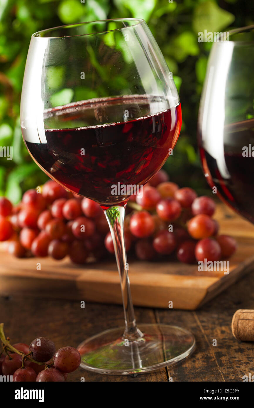 Rinfrescante vino rosso in un bicchiere con uve Foto Stock