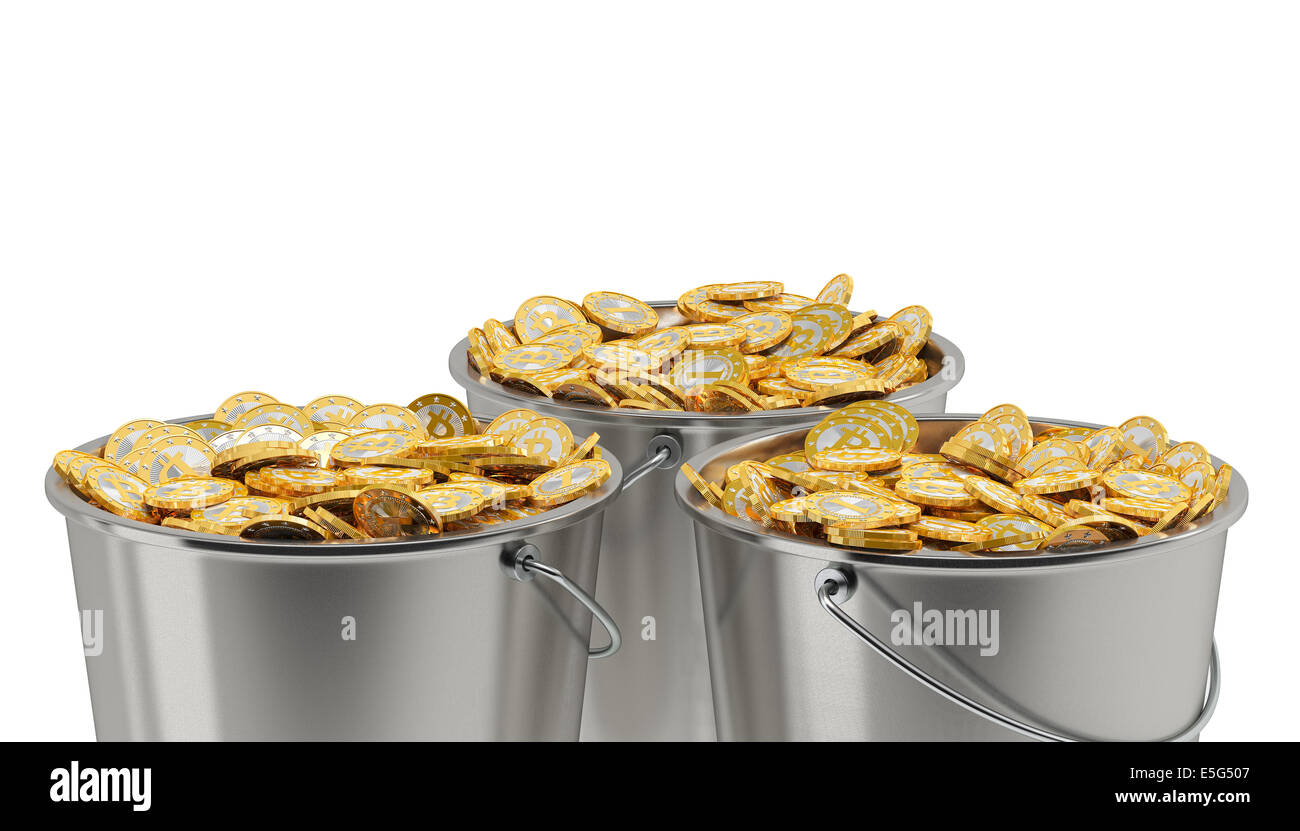 Bitcoins in una benna - isolato su bianco Foto Stock
