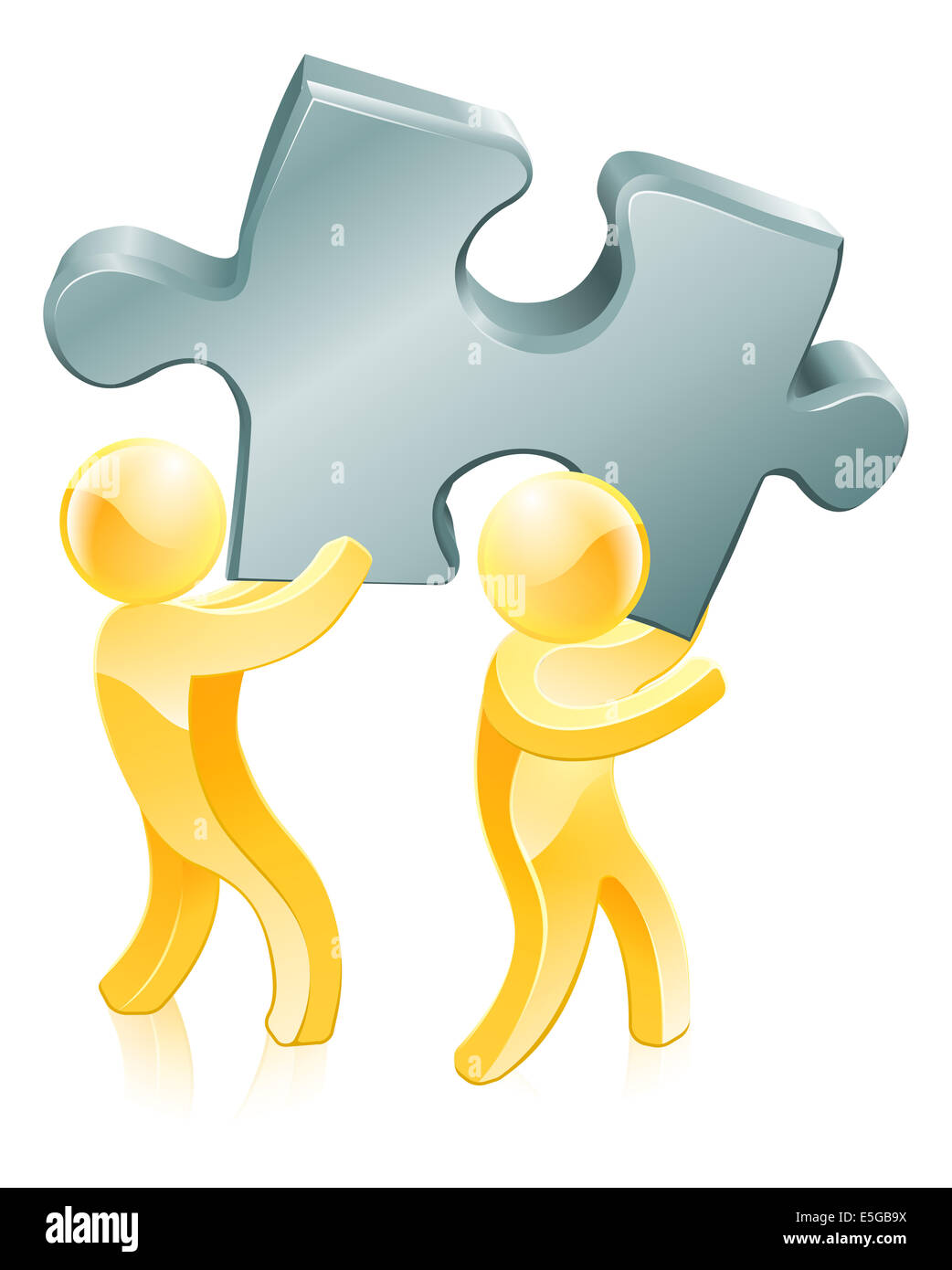 Pezzo del puzzle gold persone illustrazione di due persone oro mascotte tenendo un gigantesco pezzo del puzzle Foto Stock