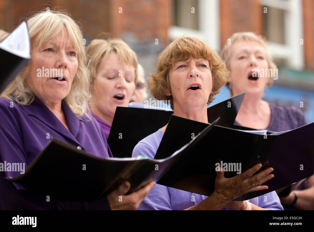 La comunità locale gruppo di coro nella bella voce per le celebrazioni del centenario della prima guerra mondiale il conflitto, Petersfield, Hampshire, Regno Unito. Foto Stock