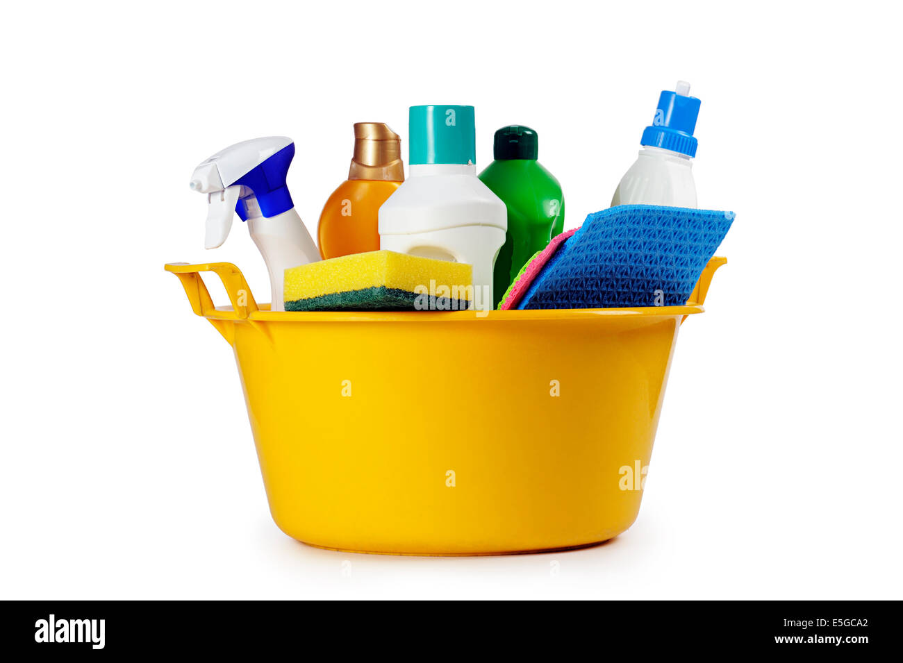 I prodotti per la pulizia su sfondo bianco Foto Stock