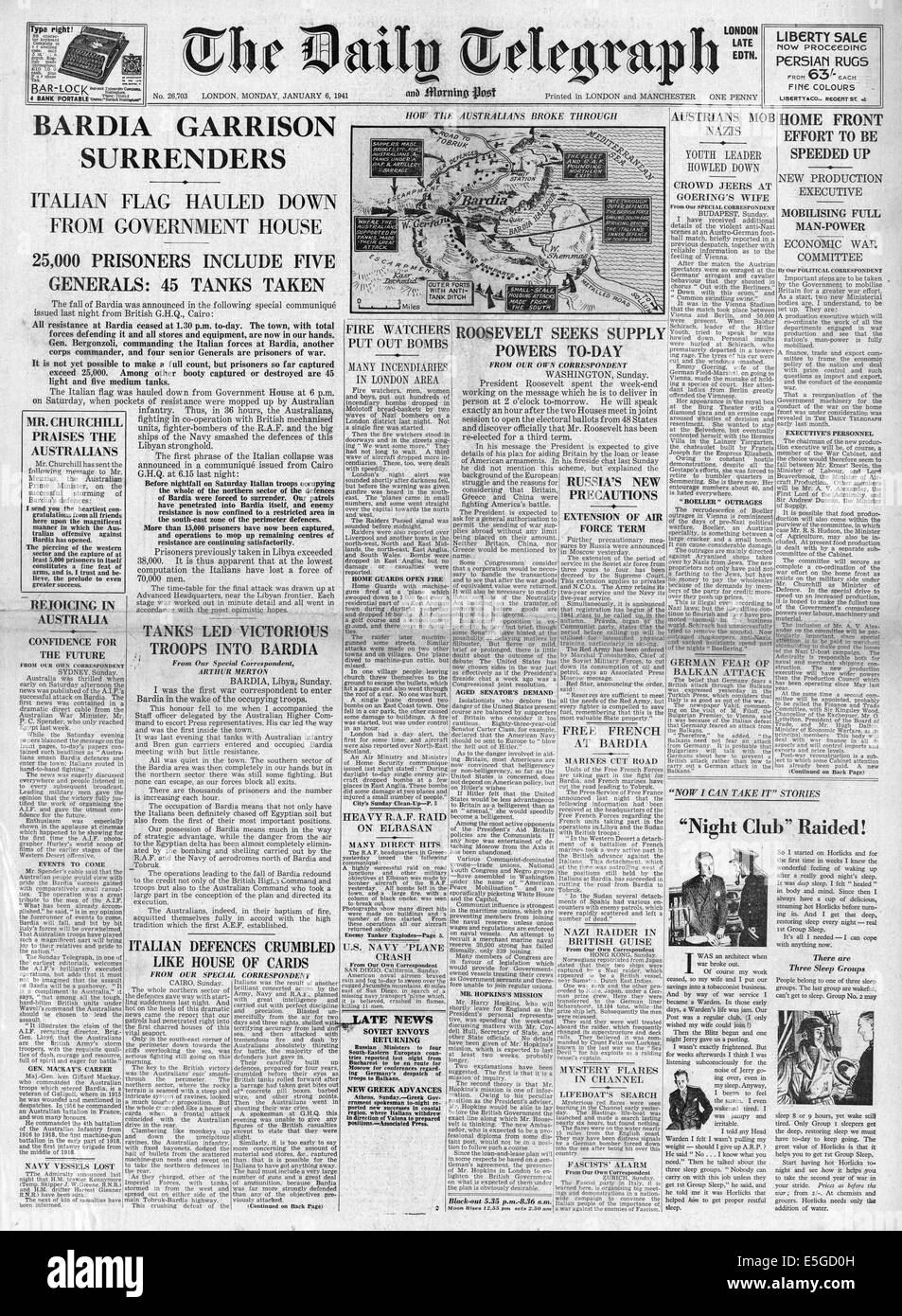 1941 Daily Telegraph front page Italiano reporting rinuncia a Bardia, Libia dal generale Bergonzoli Foto Stock