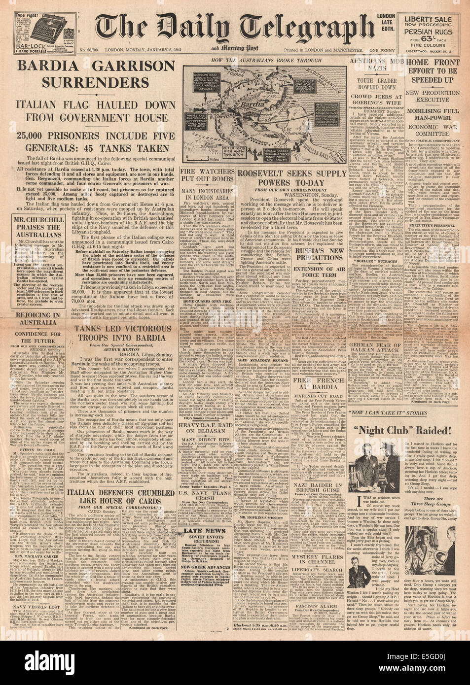 1941 Daily Telegraph front page Italiano reporting rinuncia a Bardia, Libia dal generale Bergonzoli Foto Stock