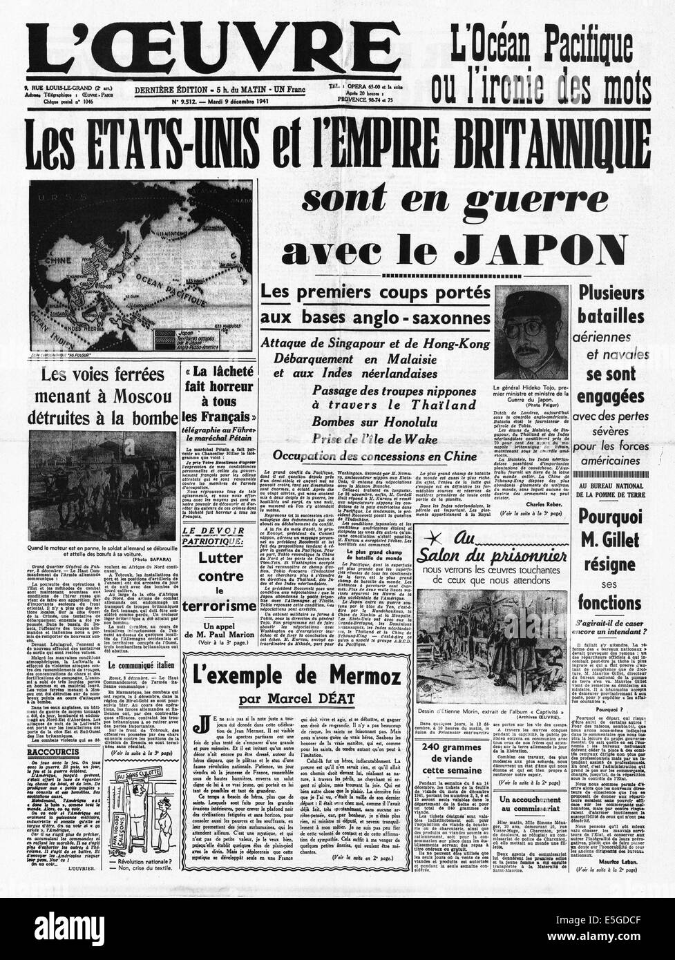 1941 L'oeuvre (Francia) pagina anteriore reporting attacco giapponese di Pearl Harbor e gli Stati Uniti e la Gran Bretagna in guerra con il Giappone Foto Stock
