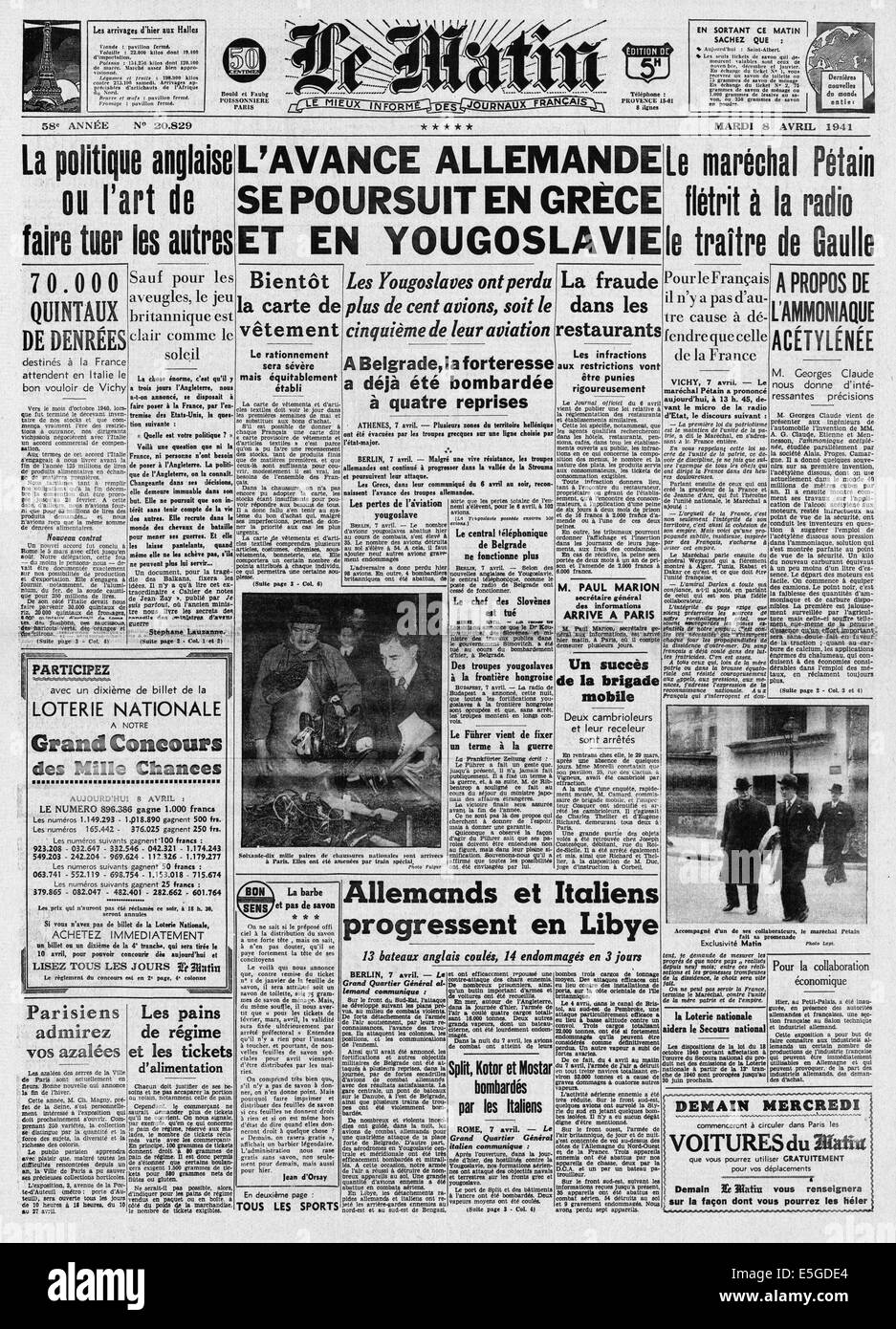 1941 Le Matin (Francia) pagina anteriore reporting Germania invade la Grecia e Iugoslavia Foto Stock