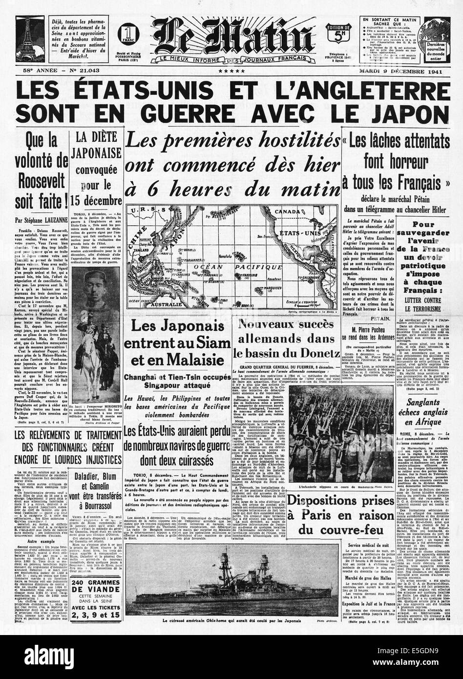 1941 Le Matin (Francia) pagina anteriore segnalato la Gran Bretagna e gli Stati Uniti dichiarano guerra al Giappone Foto Stock