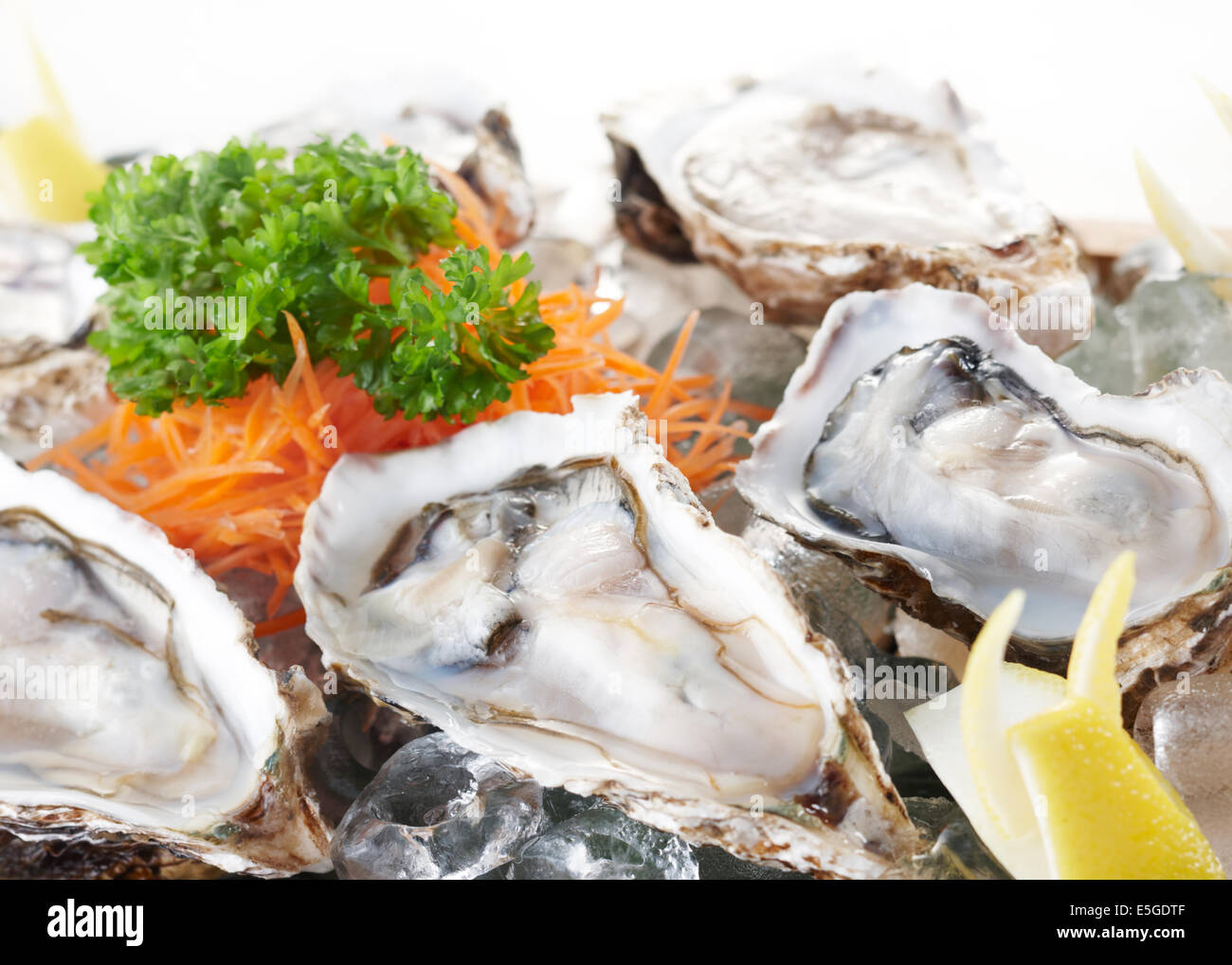 Fresche e deliziose crude ostriche come sfondo di cibo Foto Stock