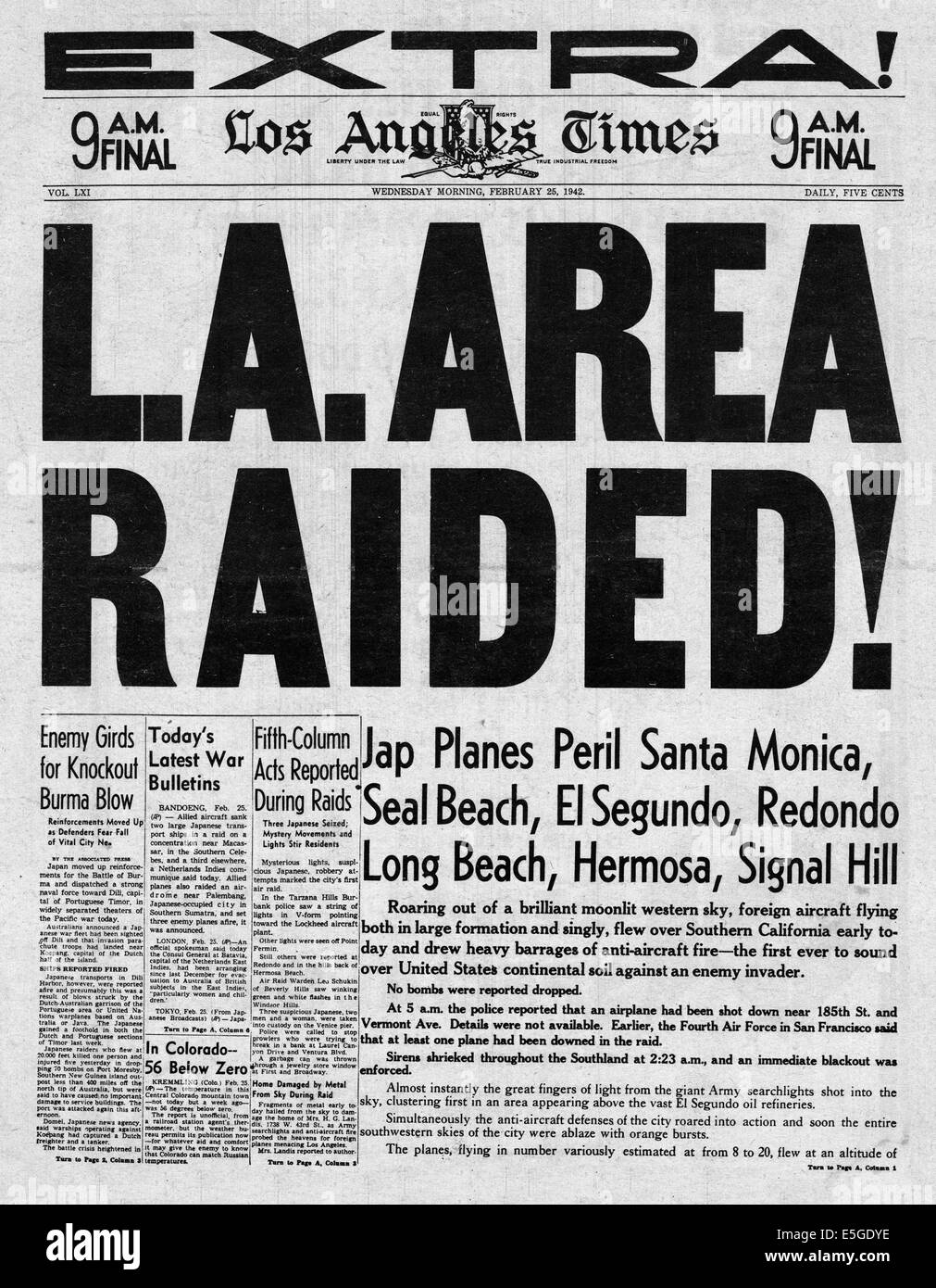 1942 Los Angeles Times front page headline falsamente giapponese di reporting raid aereo su Los Angeles Foto Stock