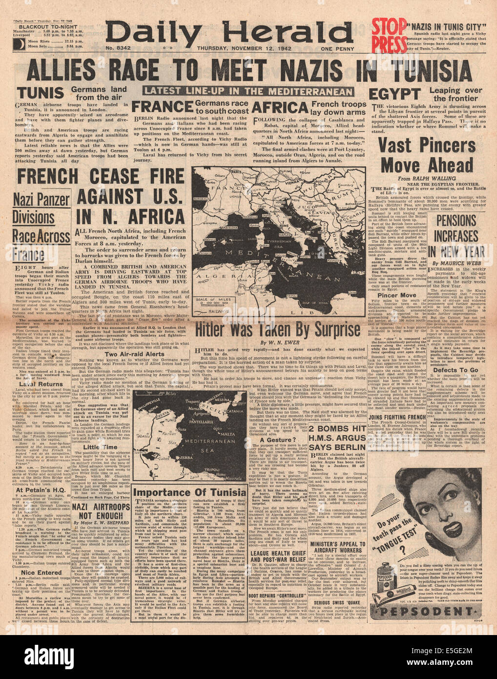 1942 Daily Herald pagina anteriore di reporting 8 British Army e U.S. Esercito in avanzamento in Algeria e Tunisia Foto Stock