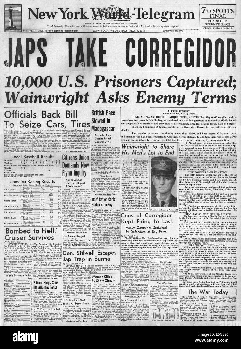 1942 New York World-Telegram pagina anteriore segnalato la caduta del  Corregidor all'esercito giapponese Foto stock - Alamy