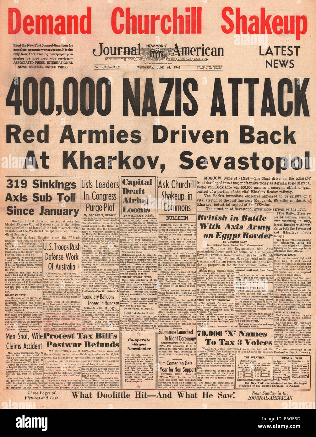 1942 New York Journal American front page reporting Esercito Tedesco attaccare la città russa di Kharkov Foto Stock