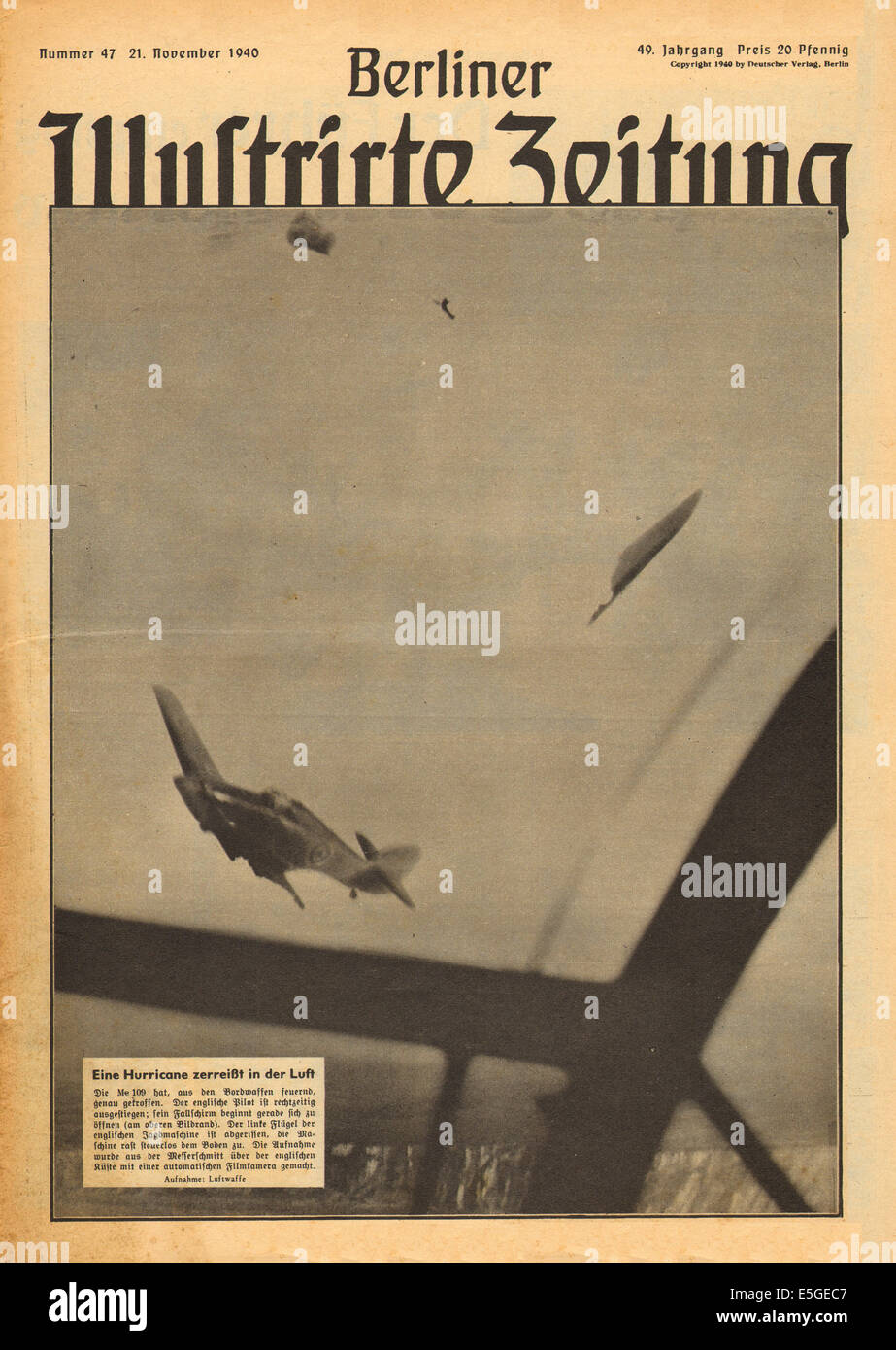 1940 Berliner Illustrierte Zeitung pagina anteriore reporting uragano fighter abbattuto Foto Stock