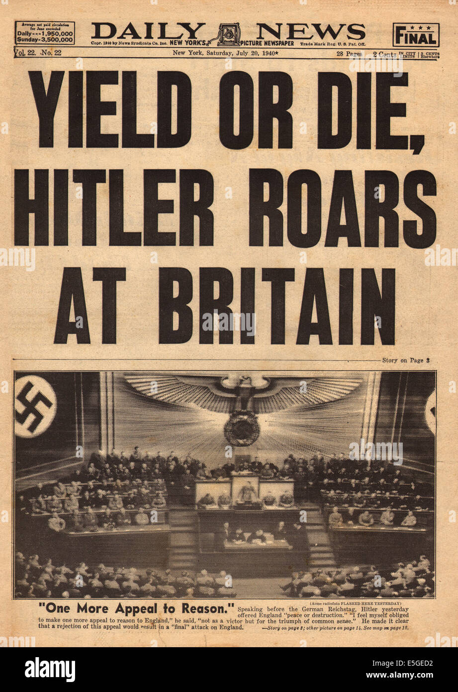 1940 Daily News (New York) xx luglio 1940 seconda edizione di Adolf Hitler appello alla ragione discorso al Reichstag Foto Stock