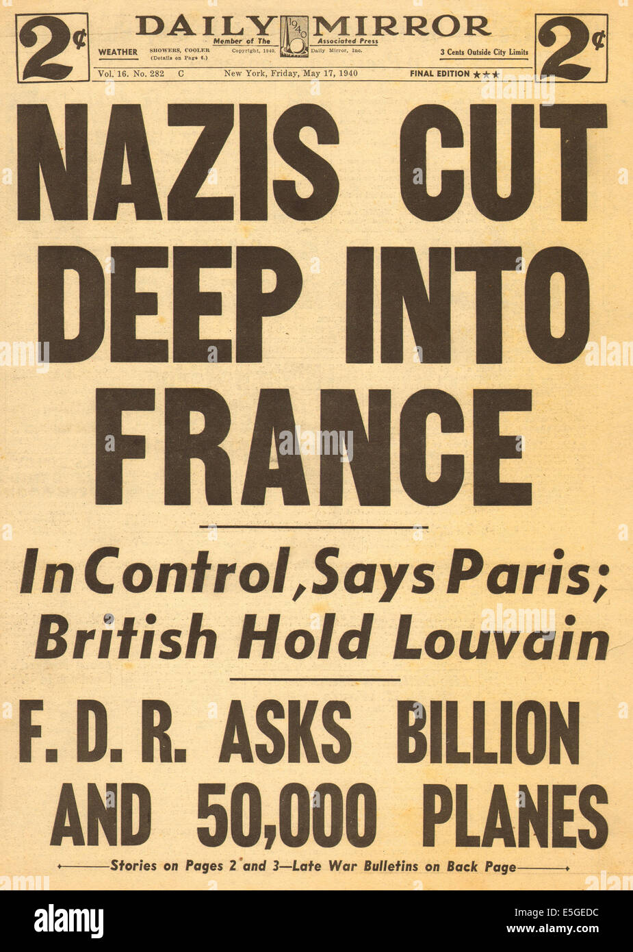 1940 Daily News (New York) pagina anteriore reporting invasione tedesca della Francia Foto Stock