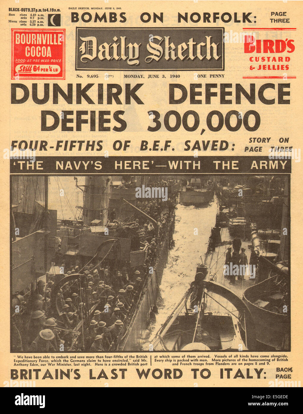 1940 Daily Sketch pagina anteriore segnalato l evacuazione dei britannici e truppe francesi da Dunkerque Foto Stock