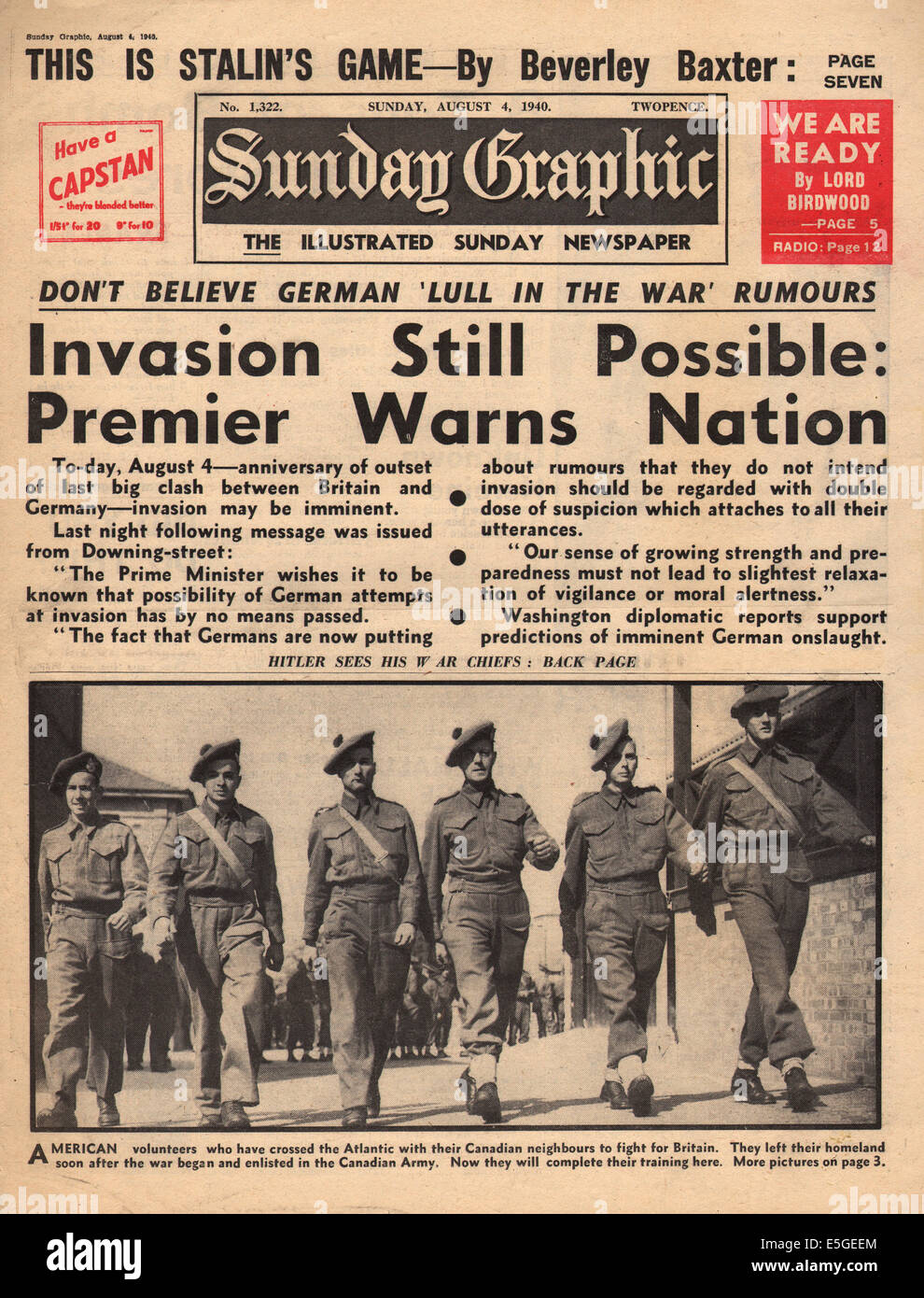 1940 Domenica pittorico pagina anteriore reporting invasione della Bretagna minaccia Foto Stock