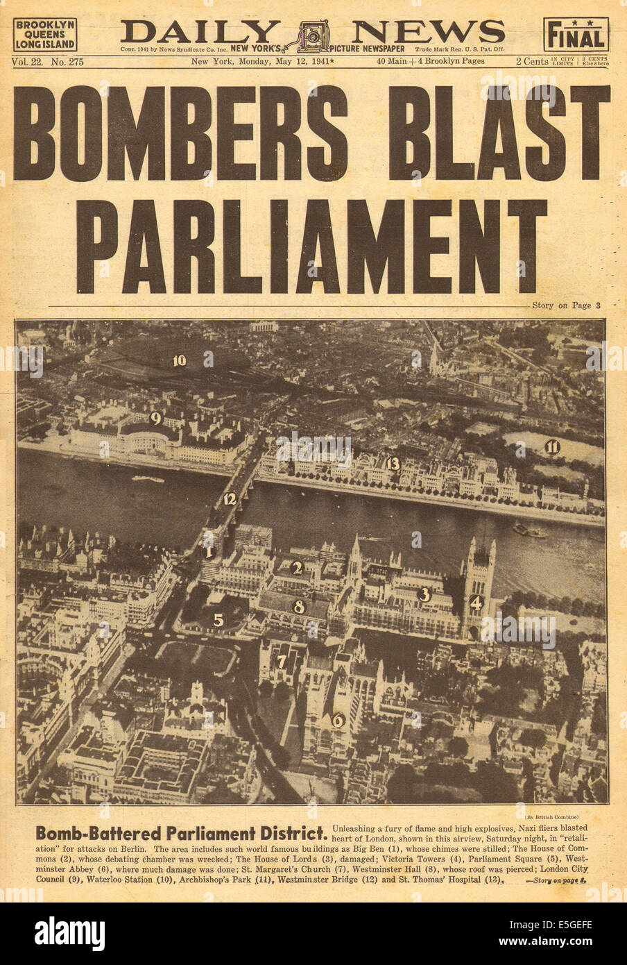 1941 Daily News (New York) front page Case Report del Parlamento e Westminster Abbey danneggiate in Luftwaffe bombardamento Foto Stock