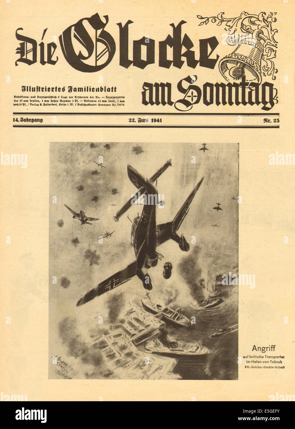 1941 Die Glocke am Sonntag pagina anteriore che mostra illustrazione di un attacco della Luftwaffe su Tobruk in Africa del Nord Foto Stock
