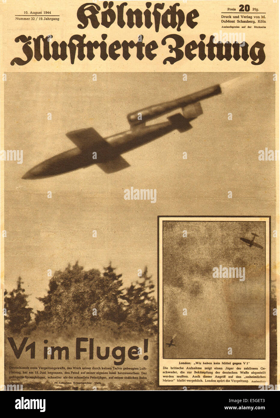 1944 Kolnische Illustrierte Zeitung pagina anteriore che mostra un V1 rocket in volo Foto Stock