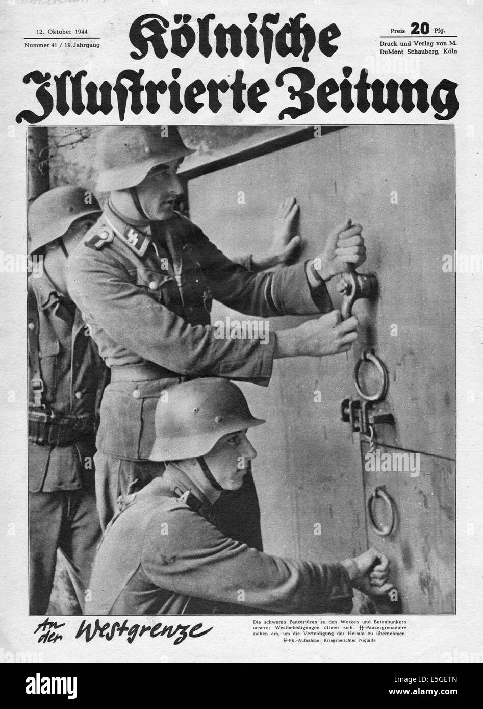1944 Kolnischer Illustrierte Zeitung pagina anteriore che mostra Waffen SS soldati Foto Stock