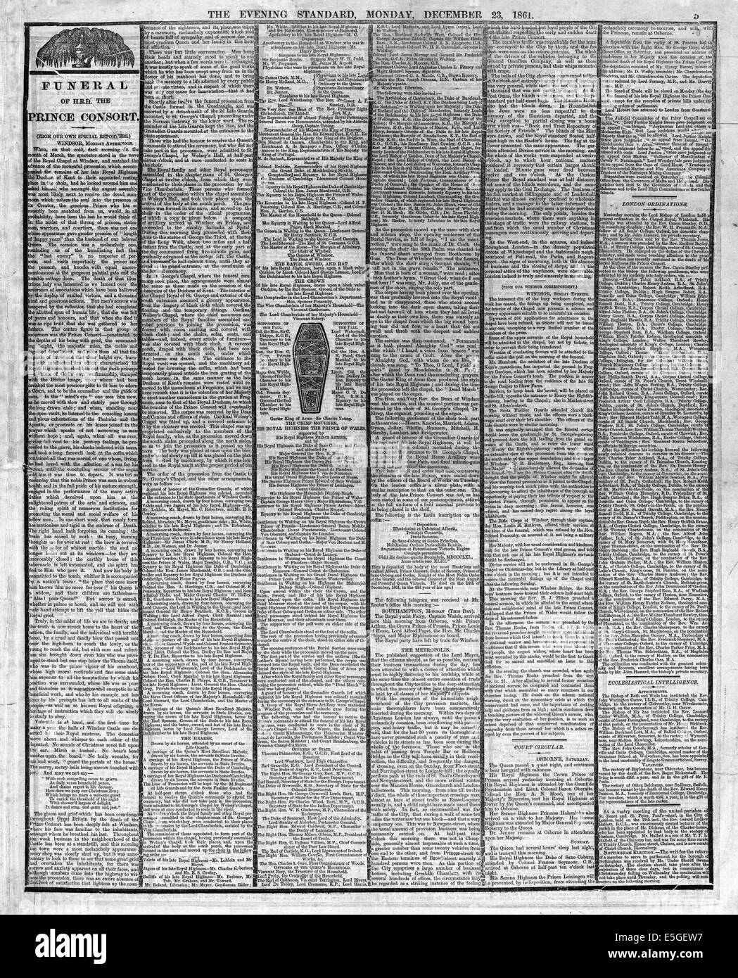 1861 Evening Standard pagina 5 edizione commemorativa del funerale del principe Albert Foto Stock