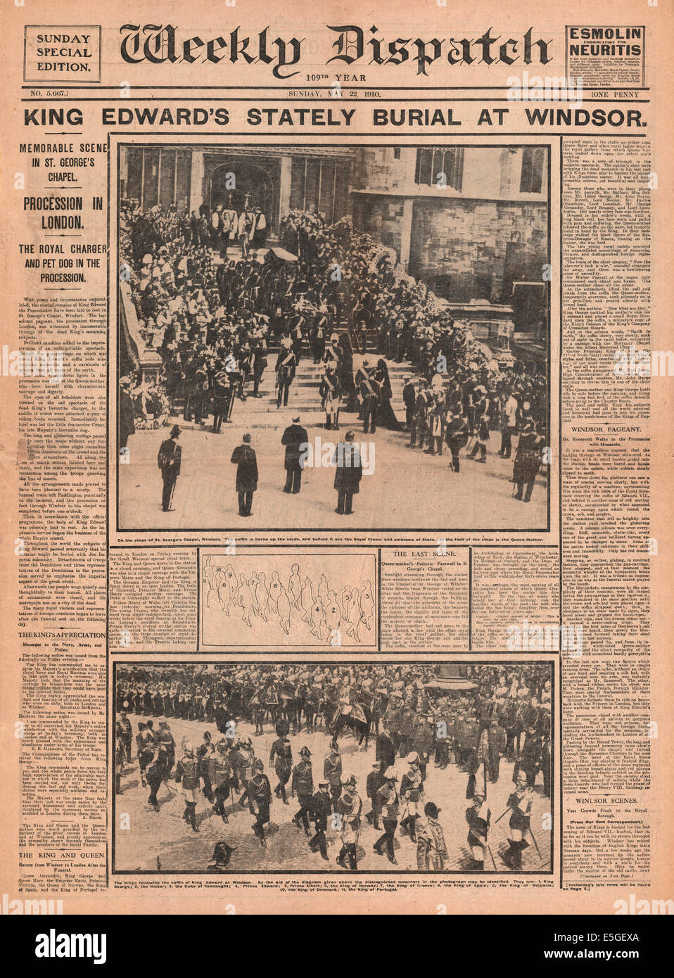 1910 Spedizione settimanale pagina anteriore reporting dei funerali del re Edward VII Foto Stock