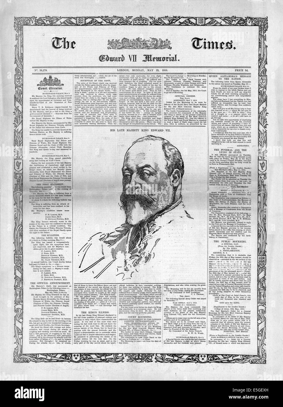 1910 i tempi Memorial edizione pagina anteriore reporting dei funerali del re Edward VII Foto Stock
