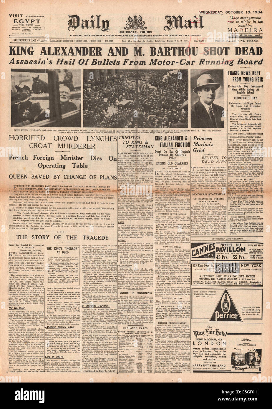 1934 Daily Mail pagina anteriore segnalato l assassinio del re Alessandro di Jugoslavia & straniere francese Il Ministro Louis Barthou a Parigi Foto Stock