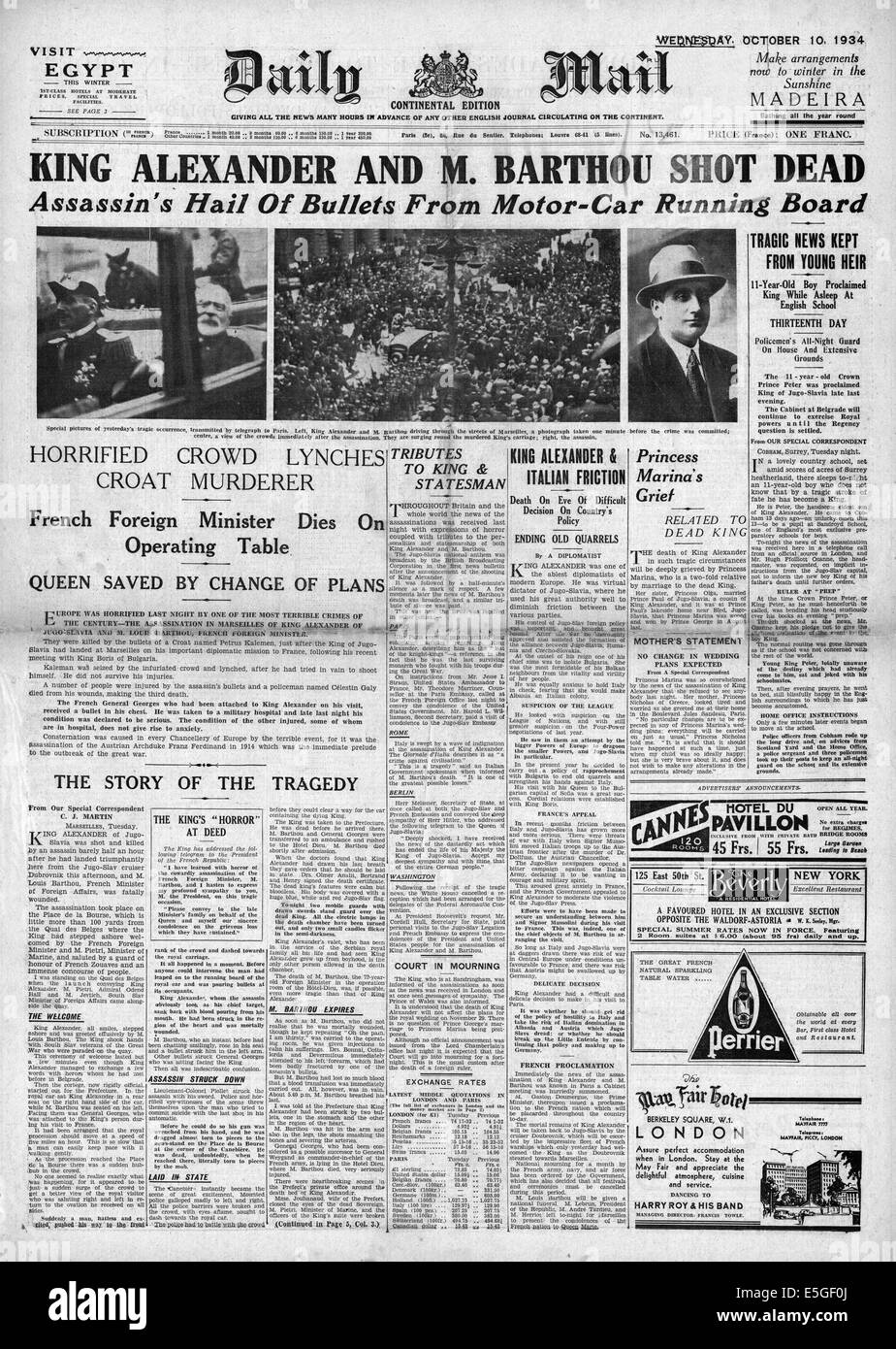 1934 Daily Mail pagina anteriore segnalato l assassinio del re Alessandro di Jugoslavia & straniere francese Il Ministro Louis Barthou a Parigi Foto Stock
