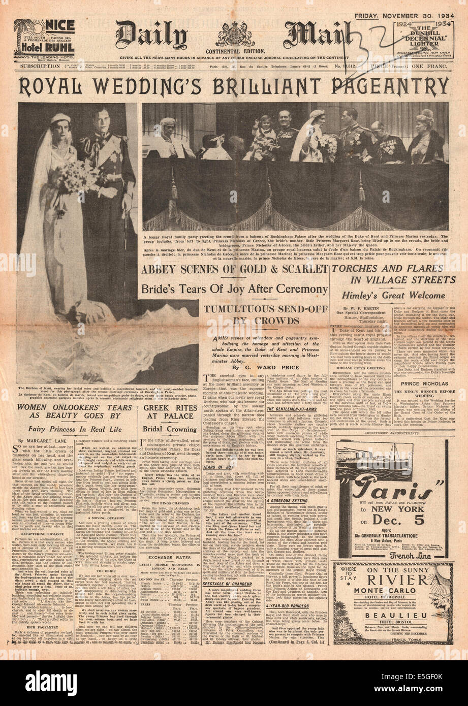 1934 Daily Mail pagina anteriore segnalato le nozze del principe George, Duca di Kent e la principessa Marina di Grecia Foto Stock