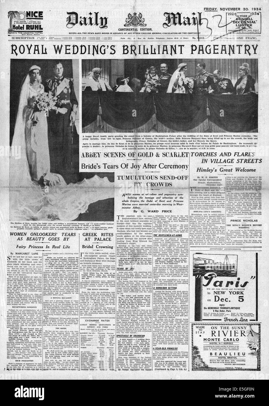 1934 Daily Mail pagina anteriore segnalato le nozze del principe George, Duca di Kent e la principessa Marina di Grecia Foto Stock