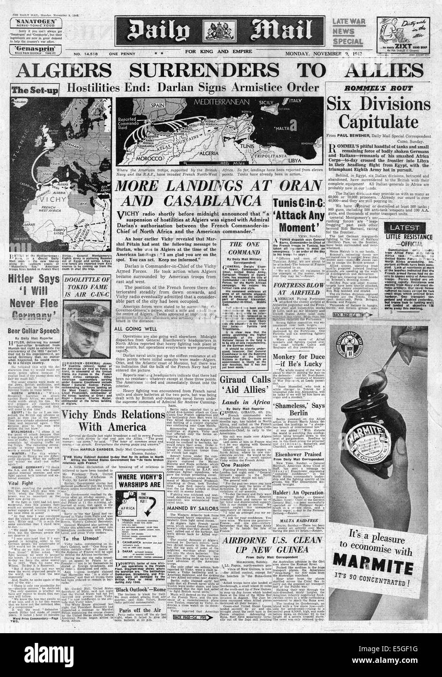 1942 Daily Mail front page reporting la rinuncia di Algeria alle forze alleate Foto Stock