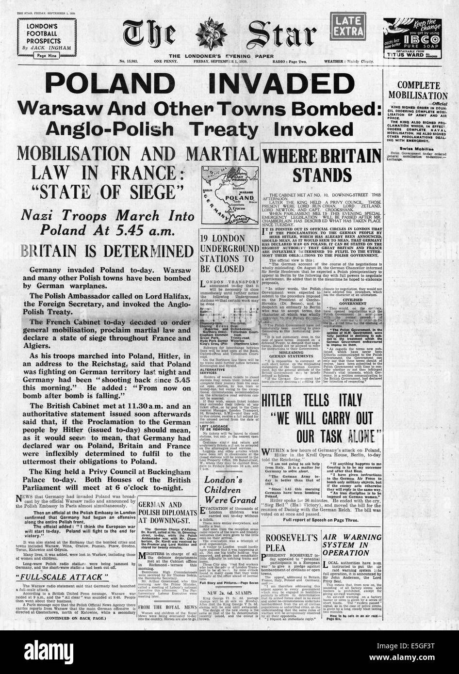 1939 Stella (Londra) pagina anteriore segnalato l invasione della Polonia dalla Germania nazista Foto Stock