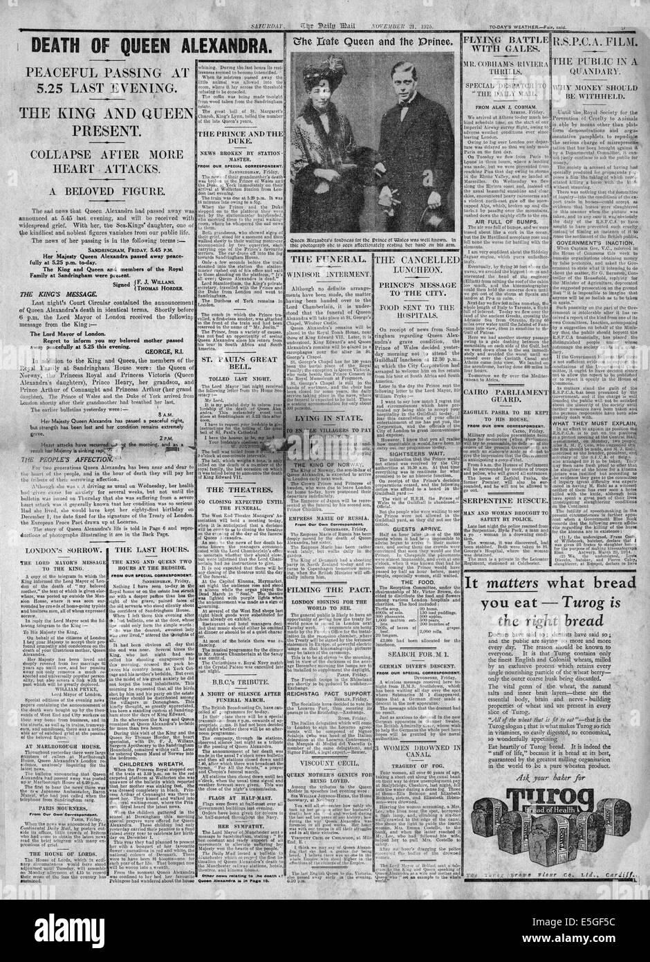 1925 Daily Mail pagina 9 Notifica del decesso della regina Alexandra Foto Stock