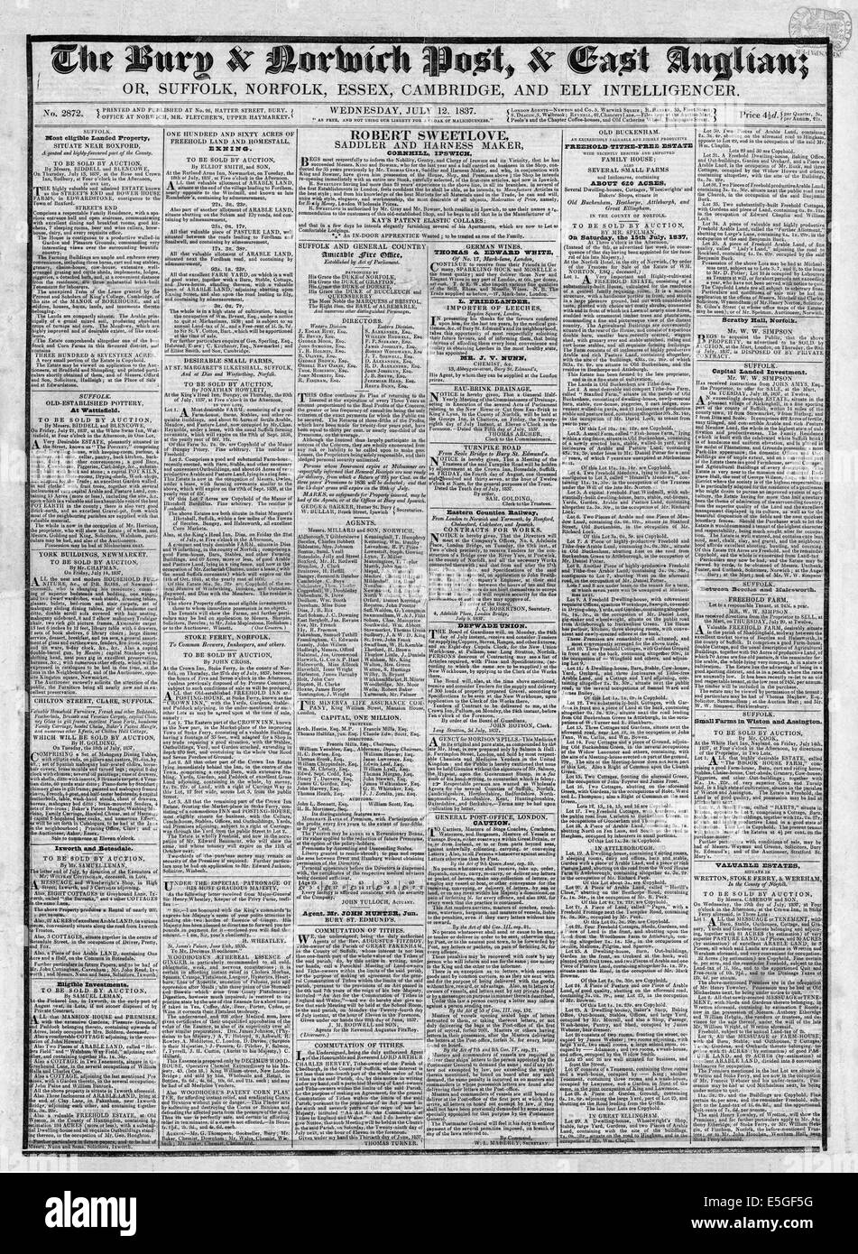 1837 Il Bury & Norwich Post pagina anteriore segnalato i funerali di Re Guglielmo IV Foto Stock