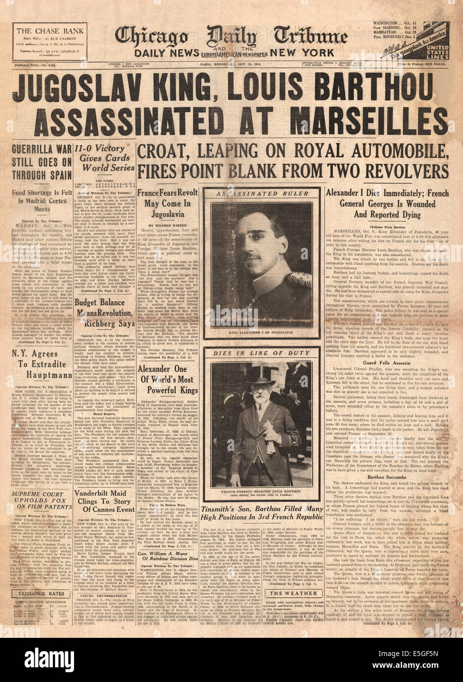 1934 Chicago Tribune quotidiano pagina anteriore segnalato l assassinio del re Alessandro di Jugoslavia & straniere francese Il Ministro Louis Barthou a Parigi Foto Stock