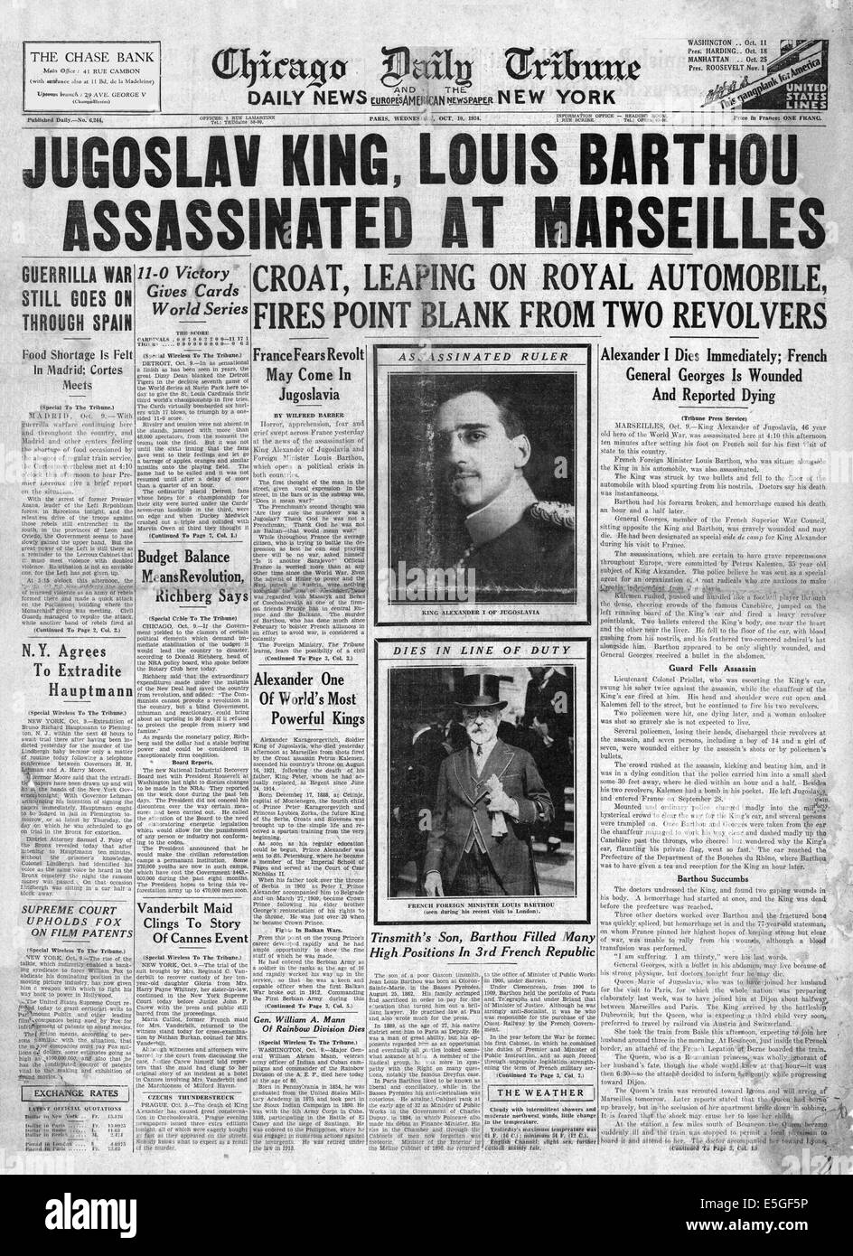 1934 Chicago Tribune quotidiano pagina anteriore segnalato l assassinio del re Alessandro di Jugoslavia & straniere francese Il Ministro Louis Barthou a Parigi Foto Stock