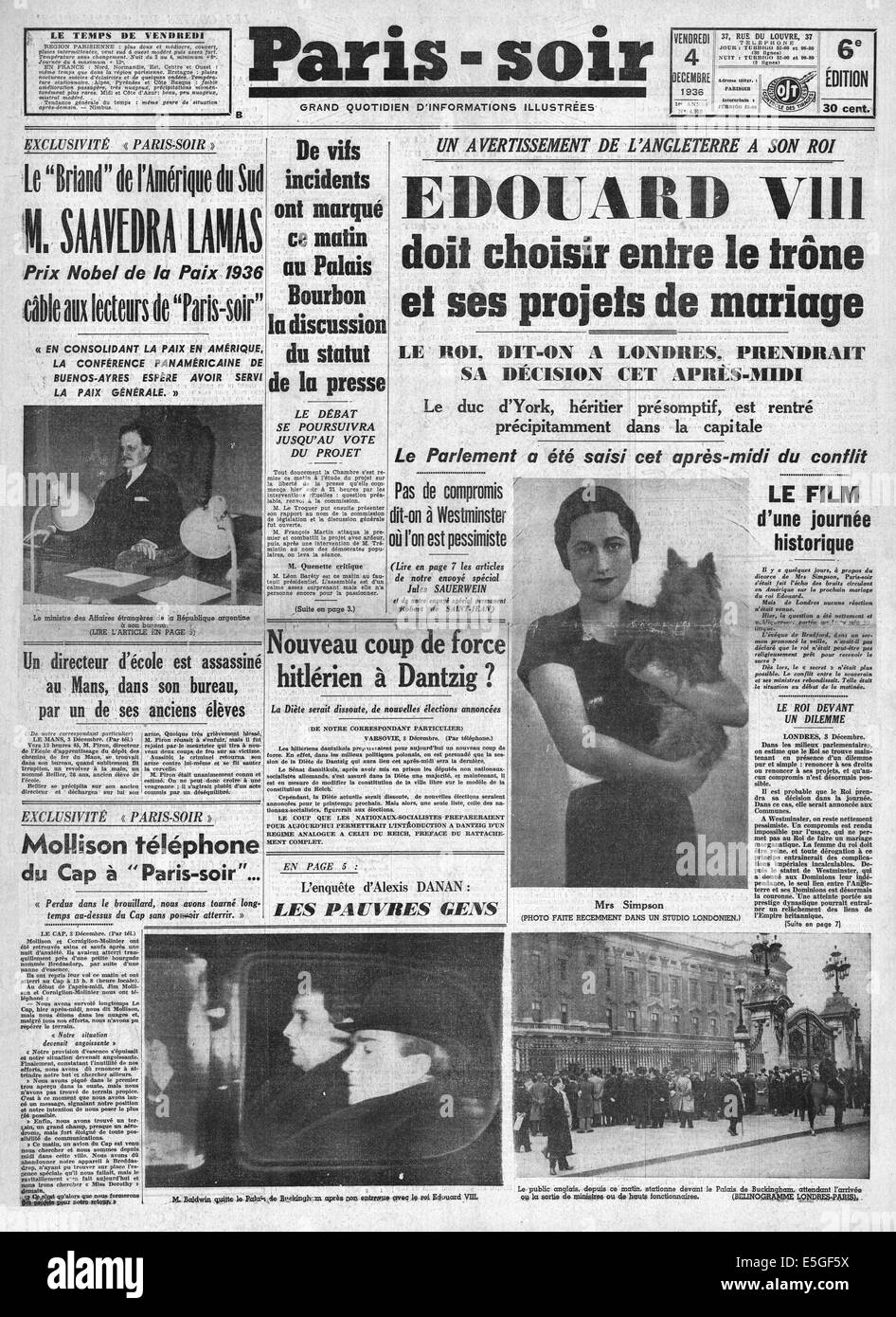 1936 Paris-Soir (Francia) pagina anteriore segnalato la crisi di Abdicazione del re Edward VIII Foto Stock