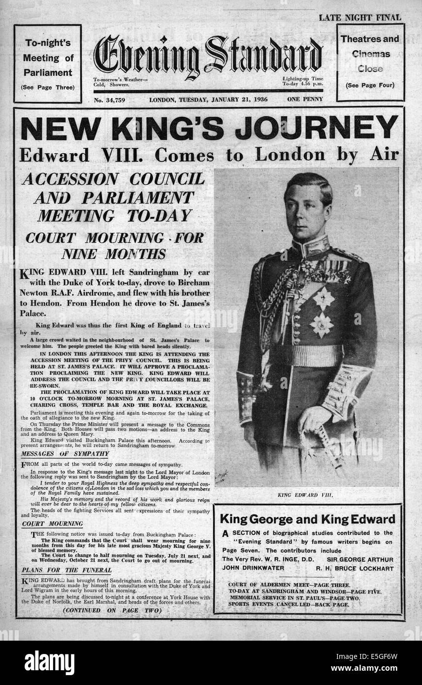 1936 l'Evening Standard [Londra] pagina anteriore reporting Edward VIII proclamato re Foto Stock