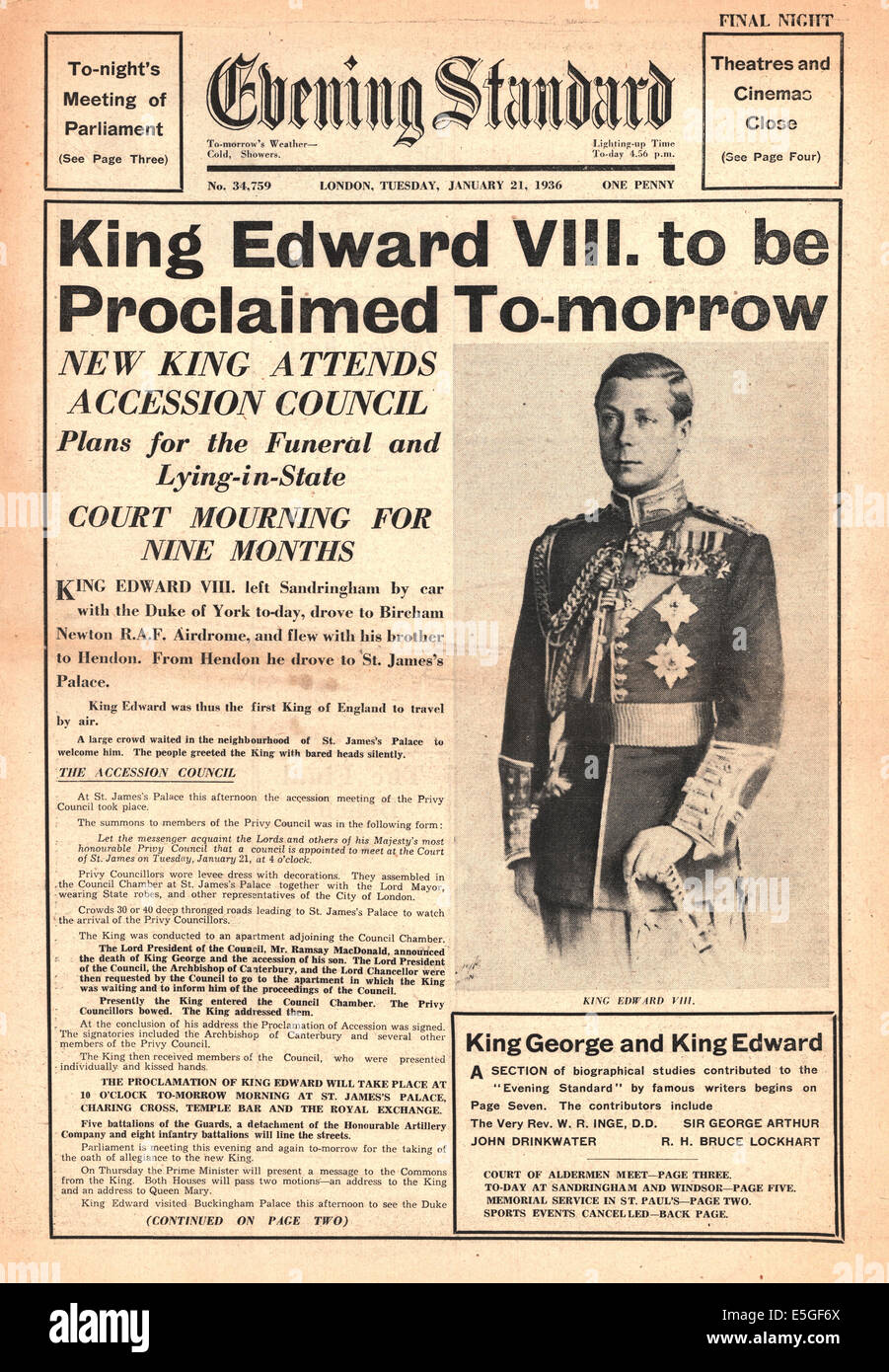 1936 l'Evening Standard [Londra 2a edizione] pagina anteriore reporting Edward VIII proclamato re Foto Stock