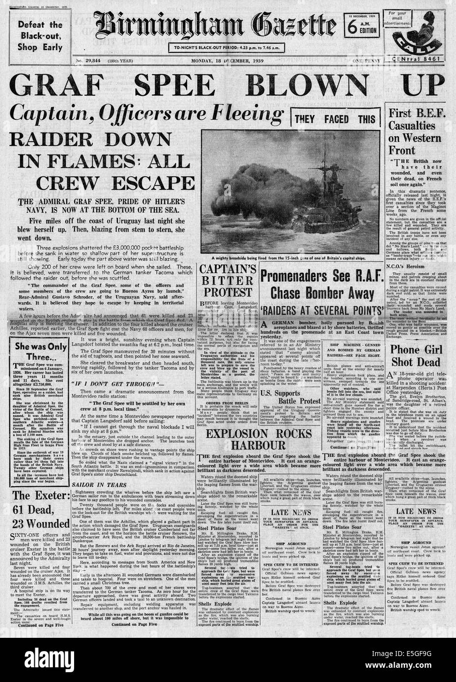 1939 Birmingham Gazette pagina anteriore reporting tedesco corazzata tascabile Admiral Graf Spee e la battaglia del River Plate Foto Stock