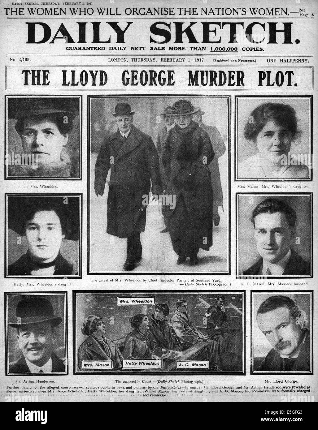 1917 Daily Sketch pagina anteriore reporting Primo Ministro David Lloyd George omicidio plot e di prova Foto Stock