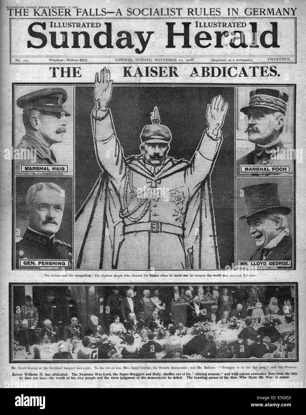 1918 Domenica Herald pagina anteriore segnalato l'abdicazione del Kaiser Guglielmo II Foto Stock