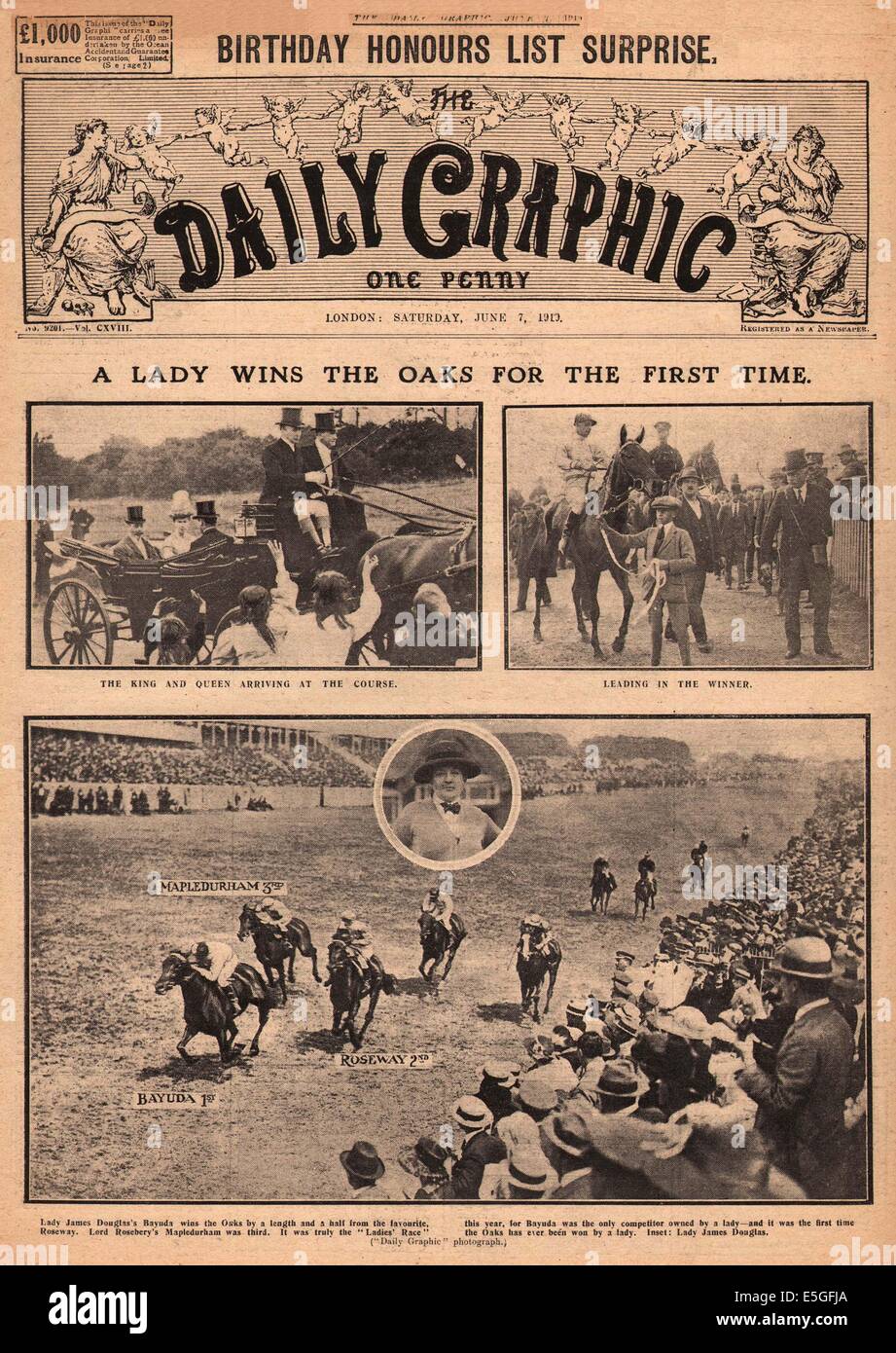 1919 Daily Graphic front page Bayuda reporting vince la querce cavalcato da Joe Childs e di proprietà di Lady James Douglas, la prima donna da proprietario a vincere la gara Foto Stock