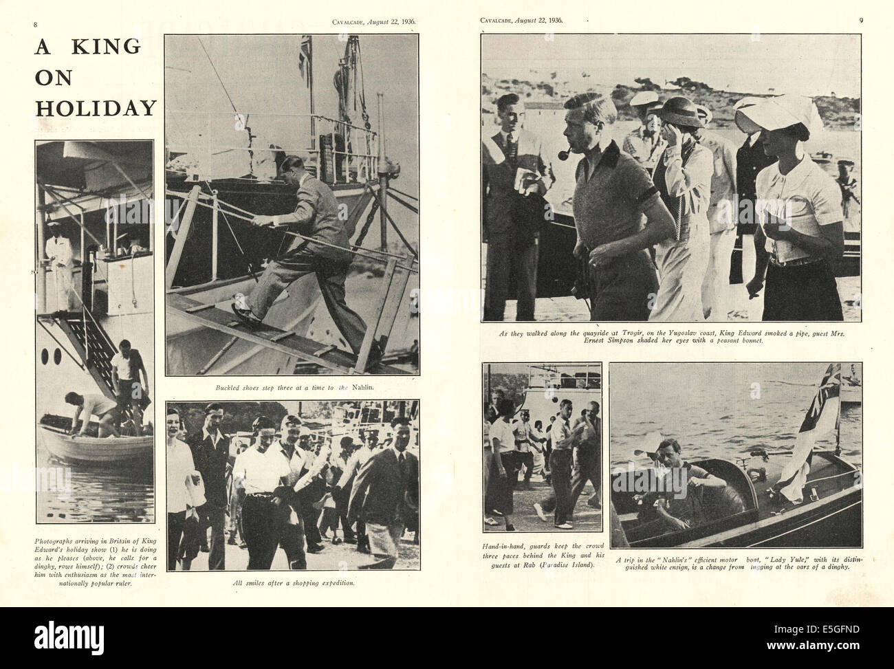 1936 Calvacade magazine le pagine 8 e 9 fotografie di Edoardo VIII e Wallis Simpson in vacanza in Iugoslavia Foto Stock