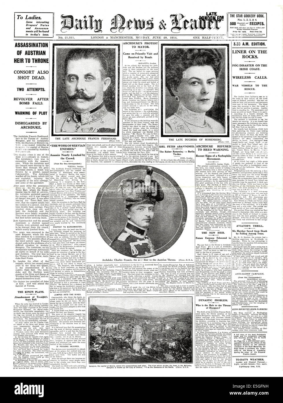 1914 Daily News & Leader front page reporting assassinio dell Arciduca Francesco Ferdinando di Austro-Hungary Bosnian-Serb da Gavrilo Princip a Sarajevo Foto Stock
