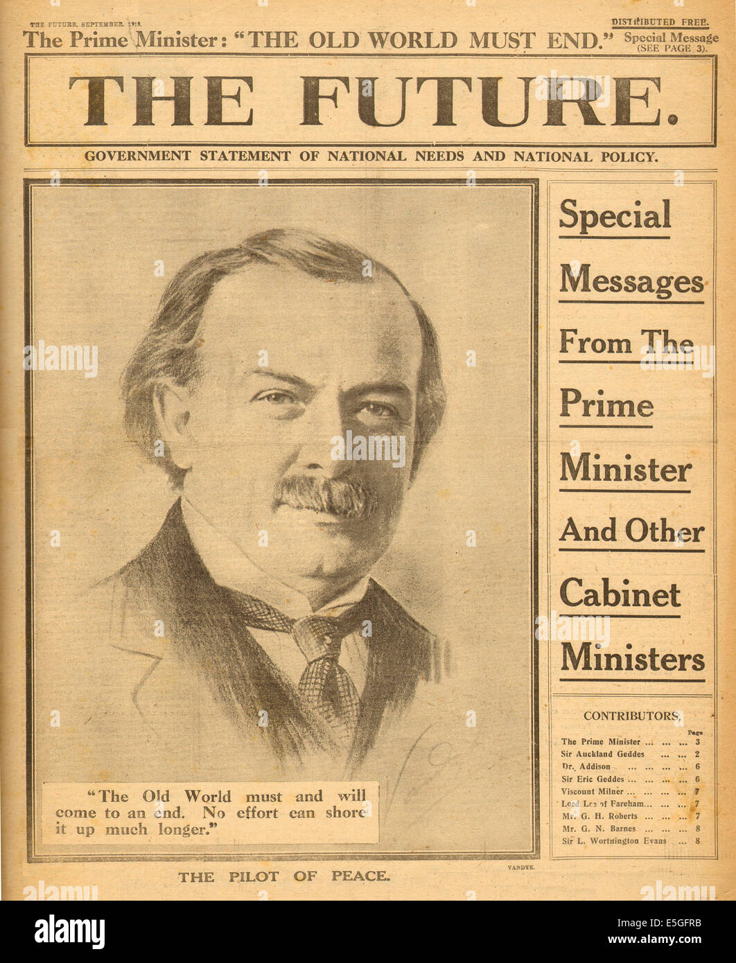 1919 Il futuro pagina anteriore libera pubblicazione del governo che mostra il Primo Ministro David Lloyd George Foto Stock