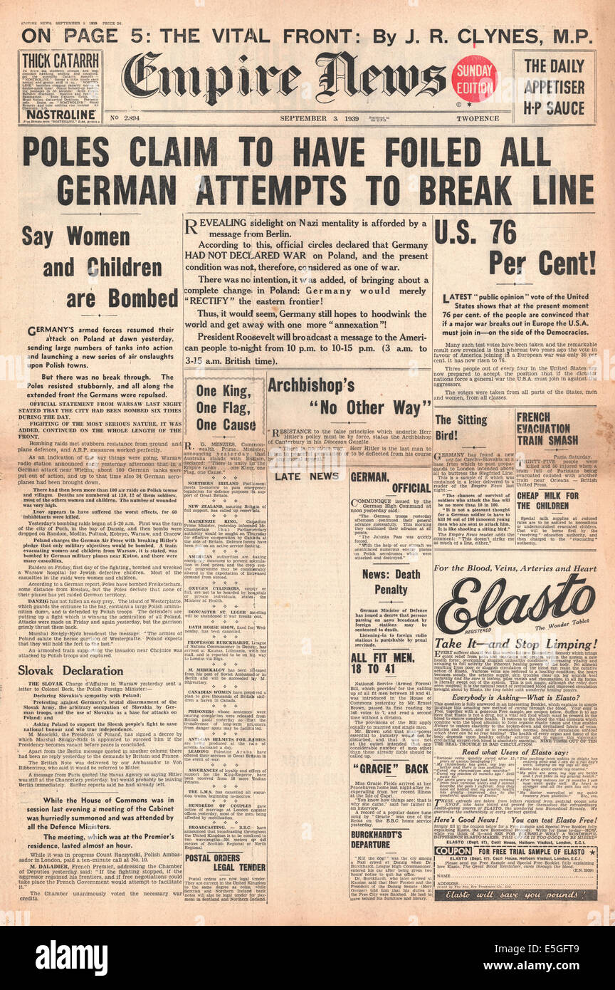 1939 Empire News front page reporting esercito tedesco anticipo derivava dall Esercito Polacco Foto Stock
